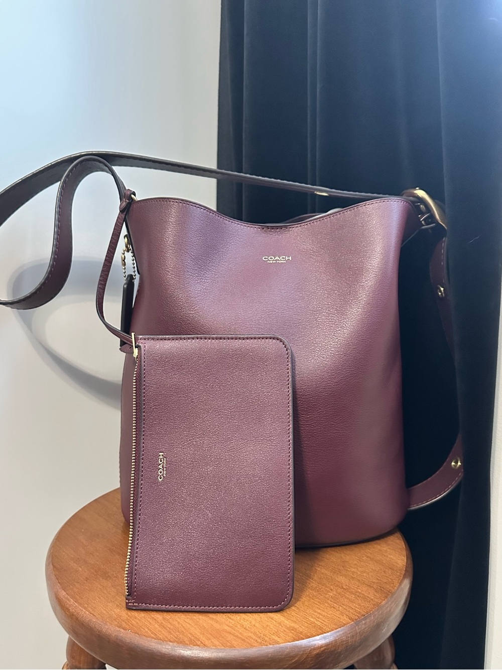 Coach Burgundy Leather Shoulder Bag with Matching Pouch and Organizer